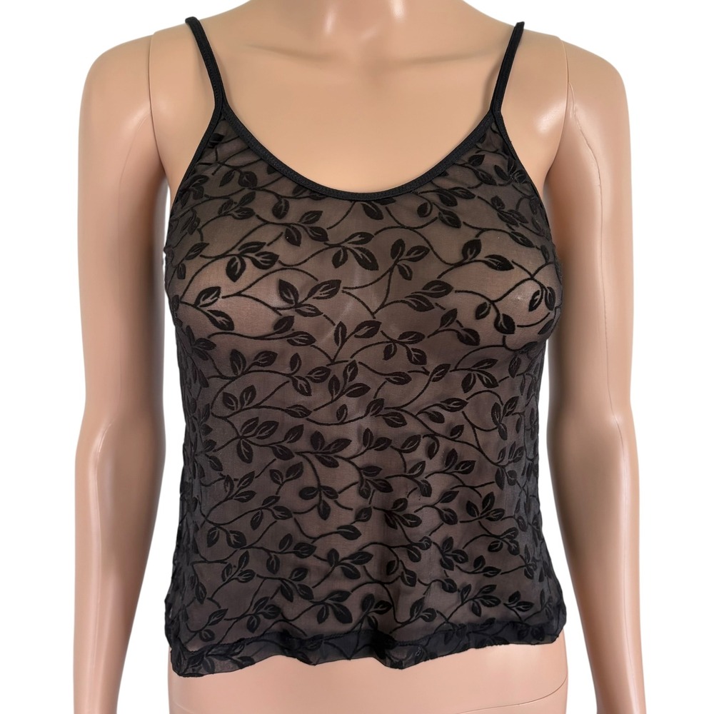 Vintage Black Sheer Mesh Flocked Velvet Leaf Camisole Top M Whimsigoth Feminine